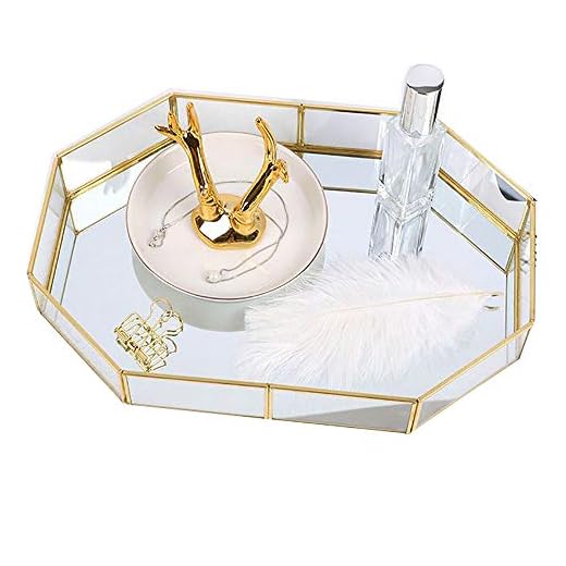 Mirror Gold Tray,Large Perfume Glass Tray Metal Makeup Decorative Tray Rectangle Mirrored Jewelry Tray Organizer for Vanity,Bathroom,Dressing Table(Polygon(Large))
