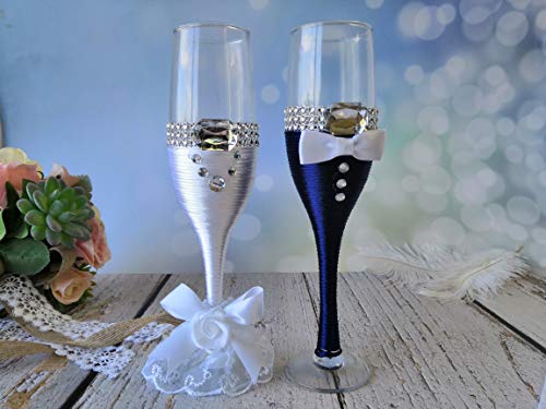 Abbie Home Bride And Groom Wedding Champagne Flute Set, Wedding Day Décor Mr Mrs Wine Glasses Wedding Toasting Glasses Set For Couples (Navy Glass Set) #TOP5