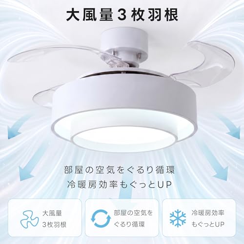 [禄越] シーリングファンライト LED ファン付きシーリングライト 6畳 8畳 5000lm DCモーター 6段階風量 羽根自動展開 収納式 調光調色 リモコン付き 常夜灯 間接照明 タイマー付き 空気循環 3枚羽根 省スペース 寝室 リビング ホワイト [2]