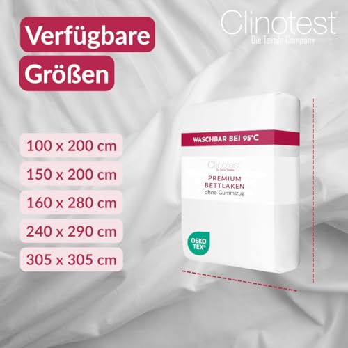 Clinotest 150x200 cm Bettlaken ohne Gummizug, 170 g/m², Premium Flachbettlaken aus 100% Baumwolle, Soft & atmungsaktiv, Kochfest, Hotelqualität, pflegeleicht, schrumpffest & farbintensiv
