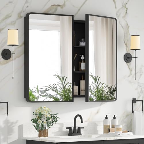 YTSMIR Bathroom Medicine Cabinet with Mirror 24 x 30 Inch, Black Medicine Cabinet Recessed or Surface Wall-Mounted, Mirrored Cabinets with Sturdy Metal Adjustable Shelves for Bathroom Vanity by YTSMIR - Used condition - CA$260.39