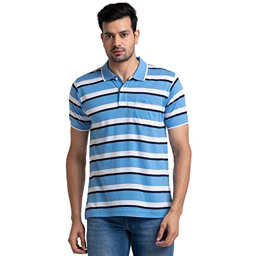Image of Colorplus Men's Pure Cotton Stripe Pattern Tailored Fit Polo Neck Half Sleeve Casual T-Shirt