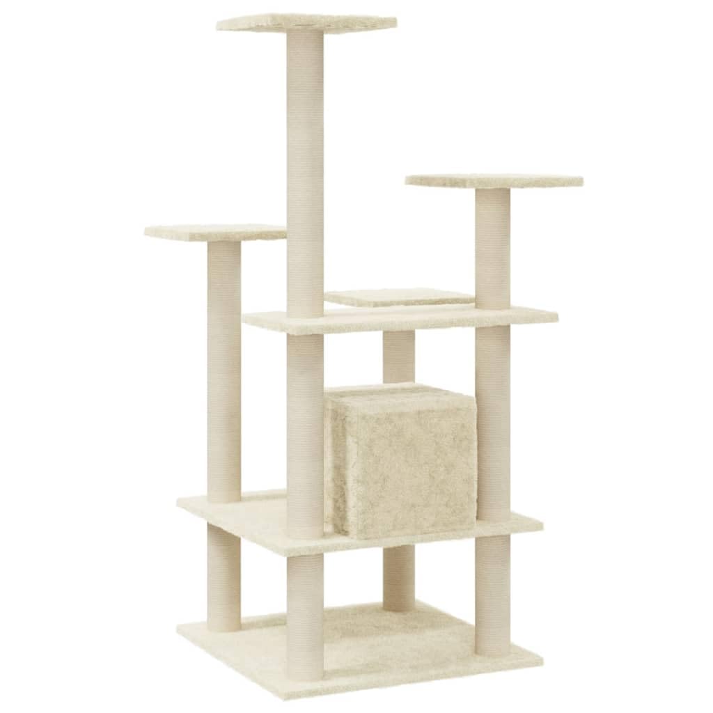 Kratzbaum 110 cm mit Sisal-Kratzsäulen und Höhle Creme | Stabiler Kletterbaum fürs Wohnzimmer mitgemütlicher Katzenhöhle und weichen Aussichtsplattformen in Creme.