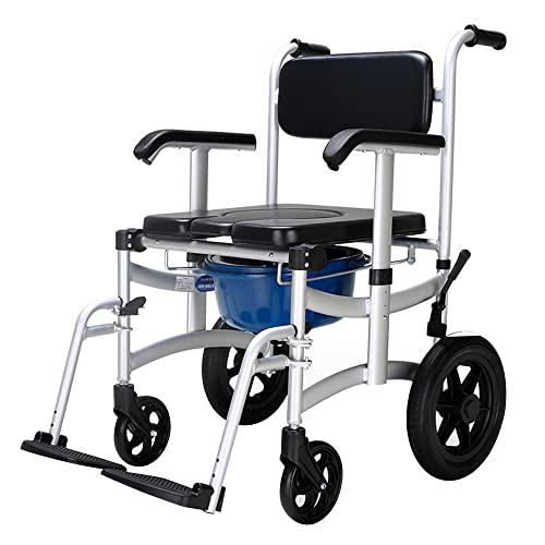 Mobile Shower Chair Toilet Commode Wheelchair With Handbrake, Lift Armrest, 12" Rear Wheel, Removable Pedal And Pail #TOP9