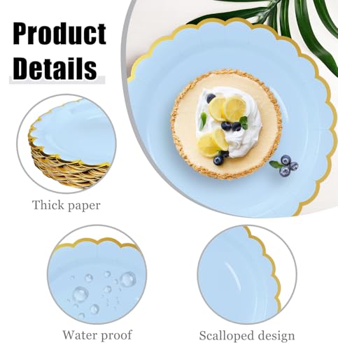 Image of HEIPINIUYE 50 Pieces Light Blue Paper Plates with Gold Foil 9 Inch Disposable Baby Blue Scalloped Dinner Plates for Wedding Baby Shower Birthday Party Dessert Plate