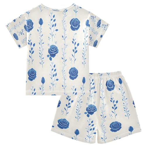senya Short Sleeve Pajamas Sets Summer Cotton Sleepwear Blue Rose Leaves2