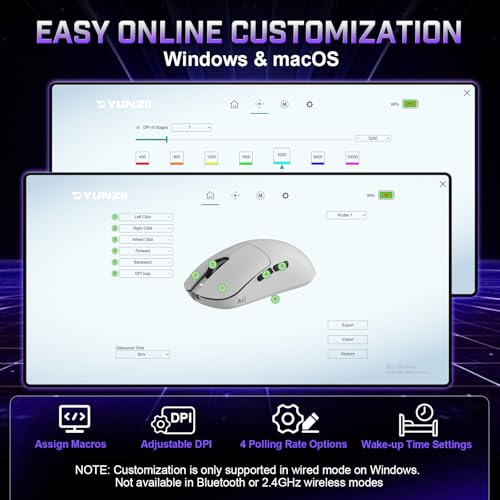 Image of YUNZII M1 Wireless Gaming Mouse, Tri-Mode 2.4G /BT /Wired Gaming Mouse, PAW3311 Sensor 10000 DPI Rechargeable Wireless Mouse with 5 Programmable Buttons, Customizable via Software for Win & Mac (White)