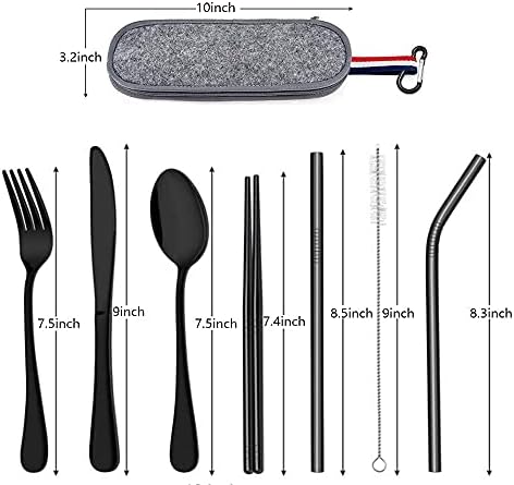 Travel Cutlery Set, 8 Pieces of Stainless Steel Portable Cutlery, ortable and Reusable Travel Utensils, Including Fork, Spoon, Chopsticks, Cleaning Brush and Straw (Black)
