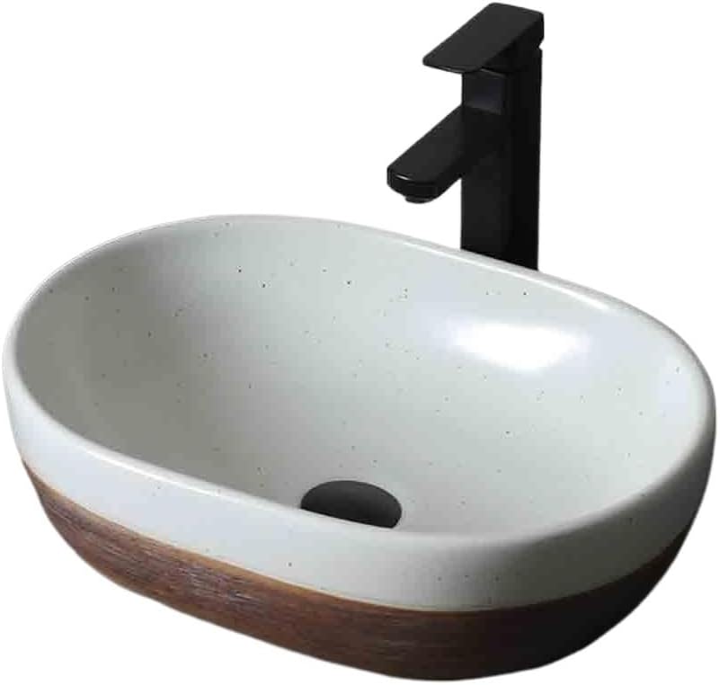 Bathroom Vessel Sink Vintage Ceramic Outdoor Indoor Bathroom Pedestal Basin with Accessories Patio Washbasin White Brown Bathroom Sink,