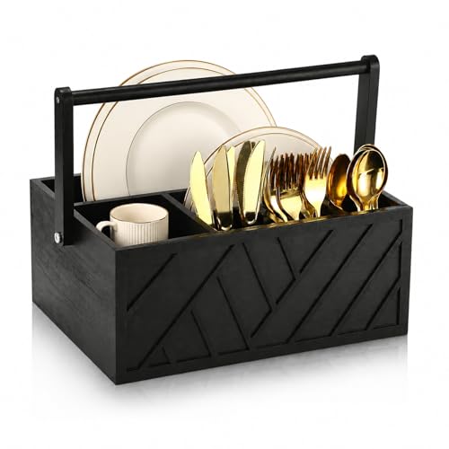 Xilwefap 13 Inch Rustic Silverware Caddy with Wooden Handle