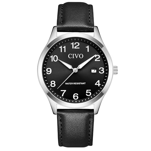 CIVO Analog Mens Wrist Watches: Large Arabic Numeral Watch with Luminous Hands Date - Leather Strap for Seniors Looking for Clear Easy Reading