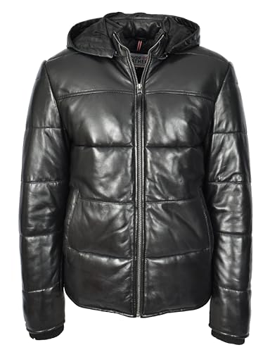 Image of Men's Black Leather Puffer Jacket With Detachable Hood Quilted Padded Outerwear Rory (UK, Alpha, M, Regular, Regular, Black)