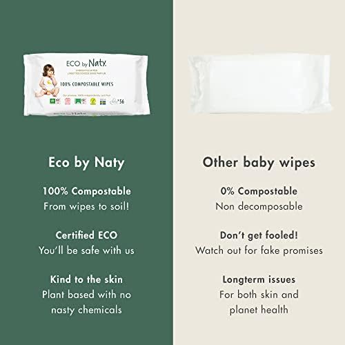 Eco by Naty Unscented Baby Wipes - 100% Compostable and Plant-Based Wipes, Good for Babies and Newborn Sensitive Skin (168 Count), Packaging may vary