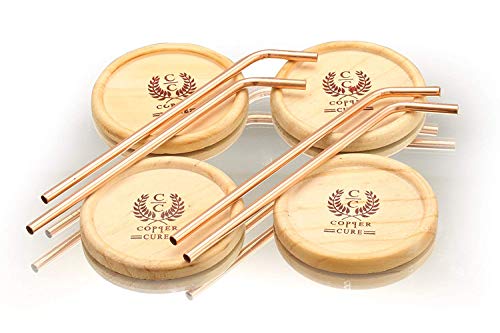 (Gift Set) Pure Copper Hammered Mugs With Copper Straws & Wooden Coasters Set Of 4 - Premium Quality -16 Oz Copper Cups - 100% Handcrafted - A Gift Pack For Your Loved Ones #TOP3
