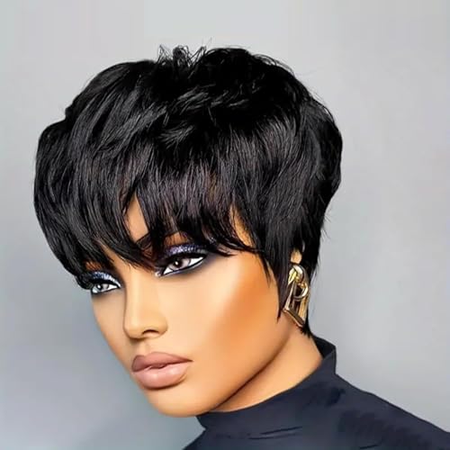 Fereowth Short Human Hair Wigs Pixie Cut Wig with Bangs Stra