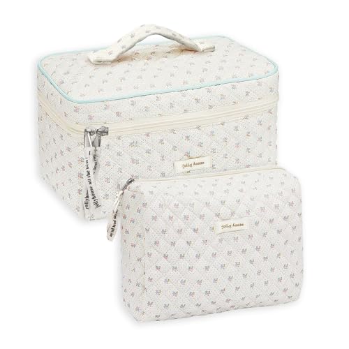 GEMLORD 2Pcs Cotton Quilted Makeup Bag Large Travel Coquette Aesthetic Toiletry Bag Floral Cute Cosmetic Bags for Women Girls