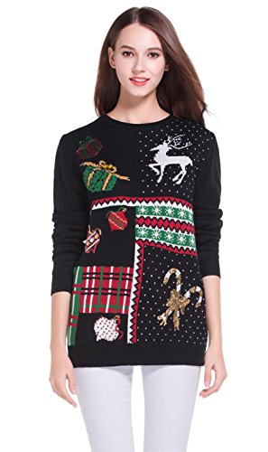 Women's Christmas Cute Reindeer Snowflakes Knitted Sweater Girl Pullover (Xx Large, Presents) #TOP2