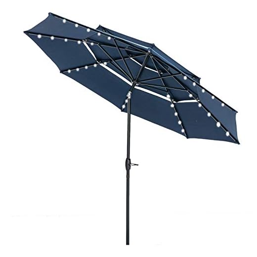 outdoor basic 10Ft 3 Tiers Vented Patio Umbrella Market Table Umbrella with Lights and Crank Handle with Auto-tilt Mechanism Navy