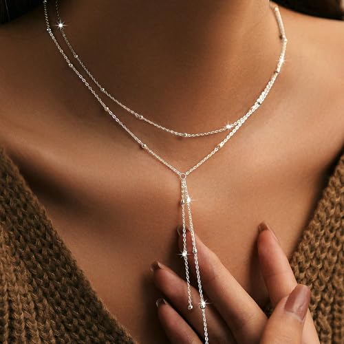925 Sterling Silver Y-Shaped Double Layer Bead Necklace for Women Dainty Minimalist Layered Y Charm Chain to Daughter Everyday Fashion Necklace Wedding Halloween Jewelry Gift for Her2