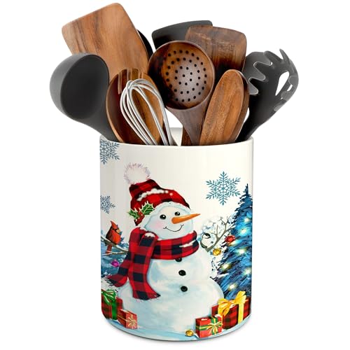 pinata Christmas Kitchen Decor Ceramic Utensil Holder, Cute Christmas Snowman Utensils Holder, Xmas Ceramic Utensils Crock for Rustic Farmhouse Indoor Kitchen Decorations(6.3 Inches)