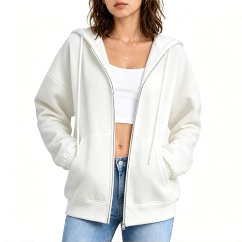 Damen Sweatjacke mit Kapuze und Zipper, Kapuzenjacke Hoodie Oversize Sweatshirt für Frauen Langarm Kordelzug Taschen Locker Bequem Weich Basic Casual Freizeit Sport Streetwear Herbst Übergang