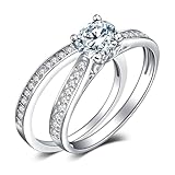 JewelryPalace Anillos de mujer chapados en oro blanco de 14 K, alianzas de compromiso Pareja, anillo solitario, 1,3 ct diamante simulado, aniversario, boda, promesa novia Band anillos conjunto, joyas