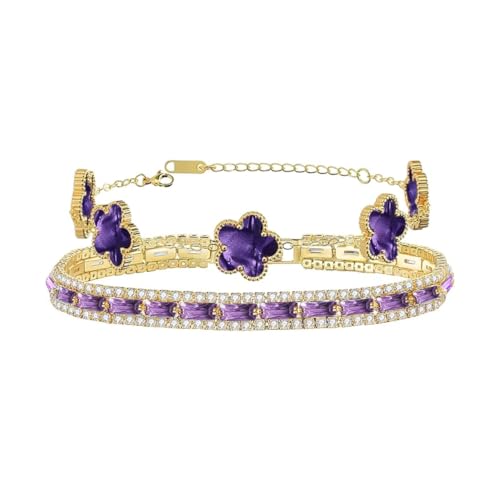 2Pcs Stackable Purple Bracelet Set for Women Purple Cubic Zirconia Tennis Bracelet Adjustable 18K Gold Plated Clover Bracelet Set for Womenpurple-colored