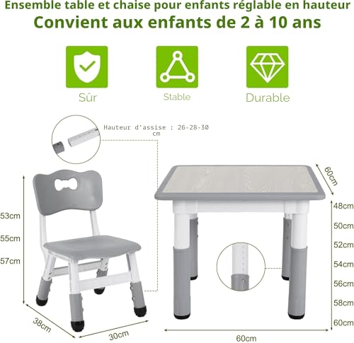 MAMIZO Ensemble de Table pour Enfants Réglable en Hauteur Avec 2 Chaises, Meubles en Plastique, pour Peinture, Garçons et Filles à Partir de 3 Ans (Gris, Carrée) – vue 3