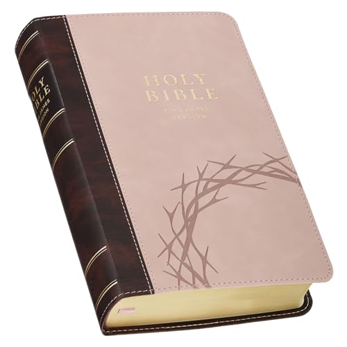 KJV Holy Bible, Giant Print Standard Size Vegan Leather Red Letter Edition - Thumb Index & Ribbon Marker, King James Version, Crown of Thorns, Brown/Pink Two-Tone, 14 pt. Type