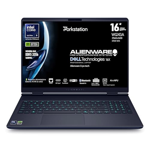 Alienware 16x Aurora, Intel Core Ultra 9 275HX Series 2 Laptop 16" WQXGA 240Hz G-Sync Display, Nvidia Geforce RTX 5070, 32GB RAM DDR5, 1 TB SSD, Win 11 Home, Tastiera retroilluminata QWERTY