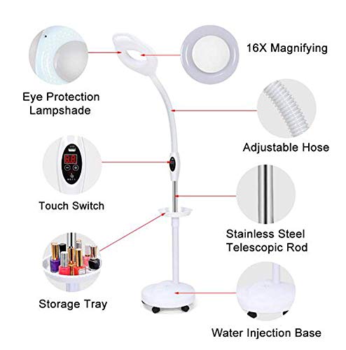 Lupa, lámpara de pie LED con Lupa, Lupa Brillante de luz Diurna, Lente de Aumento de 16X con Soporte, Altura Flexible, Cuello de Cisne Ajustable, luz fría de pie para Lectura (A)