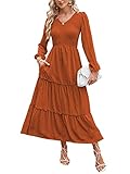 ZAFUL Womens Long Sleeve Dress with Pockets Smocked High Waist Ruffle Tiered Boho Swiss Dot Casual D