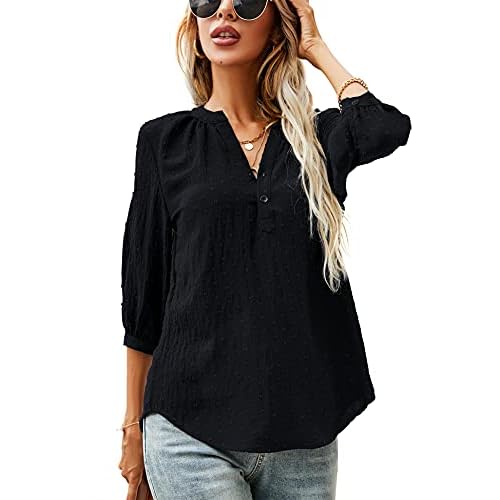 LOMON Women's Casual 3/4 Sleeve Henley V-Neck Button Up Pleated Back Blouses Swiss Dot Blouse Tops T-Shirts S-XXL