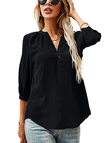 LOMON Women's 3/4 Sleeve Shirts V Neck Dressy Casual Henley Work Tops Blouses Button Up Spring Shirt 2025 (Black, XXL) by LOMON - Used condition - Image 2