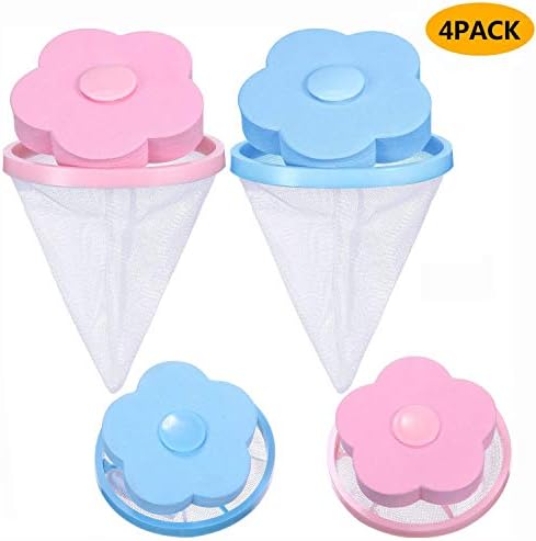 4 Pieces Household Reusable Washing Machine Floating Lint Mesh Bag Hair Filter Net Pouch Cloth For Cleaning (Blue and Pink)