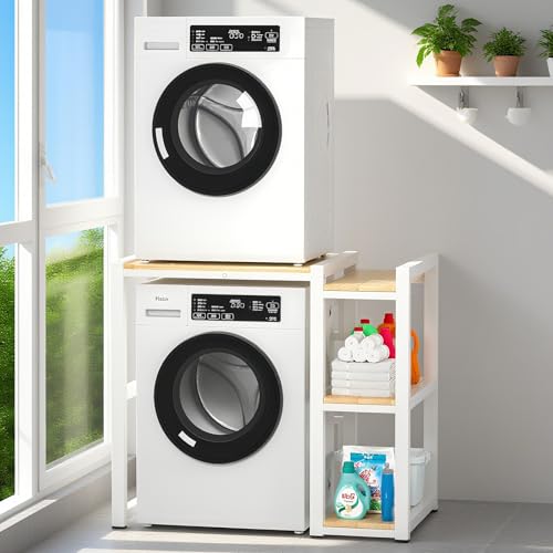 Estantería Superior Para Lavadora, Armario Lavadora Y Secadora Vertical Con Estantes Laterales, Ajustable En Altura De 3 Niveles, Capacidad De 300 Kg Para BañO, BalcóN, Lavandería(White)