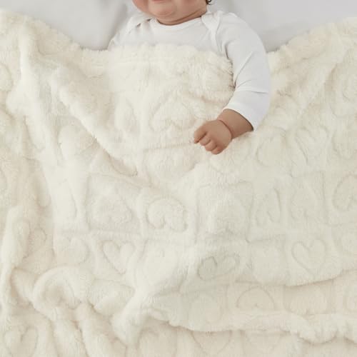 Image of CREVENT 30 inchX40 inch Cozy Soft Warm Sherpa Baby Blanket for Girls Boys, Newborn Essentials for Infant, Baby Shower Receiving Gift - White Heart 75X100cm