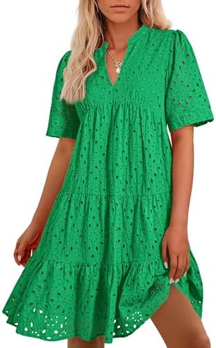 BTFBM Womens Boho Summer Dresses 2026 Spring V Neck Short Sleeve Hollow Out Lace Ruffle Casual Beach Mini Vacation Dress