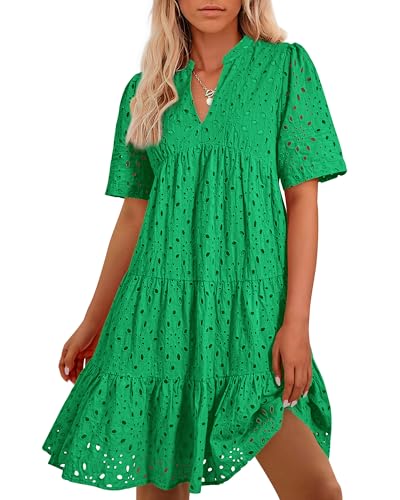 BTFBM Womens Boho Summer Dresses 2026 Spring V Neck Short Sleeve Hollow Out Lace Ruffle Casual Beach Mini Vacation Dress(Green, Medium)
