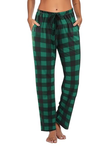 Ekouaer Women Pajama Pants Comfy Pj Bottom with Pockets Stretch Plaid Sleepwear Classic Black and Green Plaid Medium