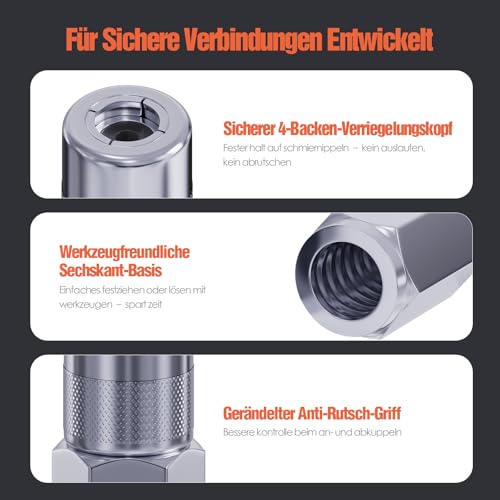 TRILINK Fettpresse Mundstück 4 Stück – 1/8 NPT Standard Fettpressenkupplung, 4-Backen-Verriegelung, langlebige Fettpresse Aufsätze, Fettpresse Adapter für die meisten Fettpressen und Schmiernippel