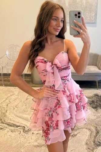 Dymaisei Tiered Ruffle Homecoming Dresses Short for Teens Floral Chiffon Spaghetti Straps V Neck Formal Cocktail Dress2