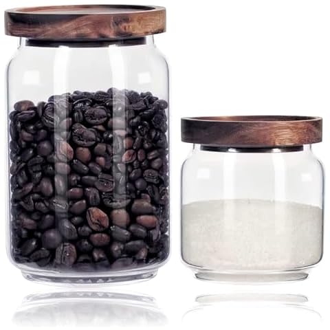 Vensp Clear Borosilicate Glass Storage Jars with Airtight Wooden Lids,Set of 2-19/29oz,Glass Kitchen Storage Jar Canisters, Sealed Jars For Sugar Salt,Glass Loose Tea Storage Holder Container Cover