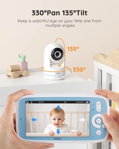 Video Baby Monitor Camera, 5'' 720P IPS Screen, Pan 330° & Tilt 135°, VOX Mode, 3050mAh Battery, No Wifi, Night Vision, 3x Zoom, Two-way Audio, Feeding Reminder, Temperature Monitoring, Lullabies, PTZ