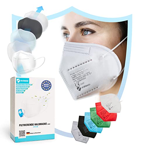 Virshields® FFP2 Mundschutz Maske - PFE 94%, VFE 99.99%, EN 149:2001+A1:2009, 5 Lagen, 100 Stück, Filtrierend, Made in EU, Weiß - Halbmaske, Atemschutzmaske, Schutzmaske Cover