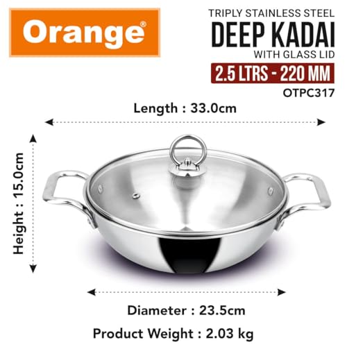Image of Orange Triply Stainless Steel Deep Kadai with Glass Lid 2.5 litres Capacity (22 cm Diameter) | 22 cm Heavy Bottom with Cool Touch Handle | Silver (Induction and Gas Stove Friendly) | 5 Year Warranty