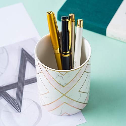 YOSCO Ceramic Round Pen Holder Stand Golden Line Pencil Cup Pot Desk Organizer Makeup Brush Holder (Pink-Square)