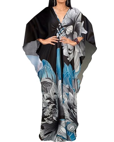 Bsubseach Caftan Femme Robe de Plage Grande Taille Longue Kaftan Maxi Ete Cache Maillot de Bain Djellaba Tunique Bohème Boho Cover Up Gris Imprimé Bleu