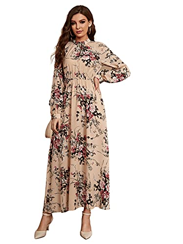 Sweatyrocks Women's Long Sleeve Mock Neck Flowy A Line Maxi Long Dress Floral Khaki S #TOP18