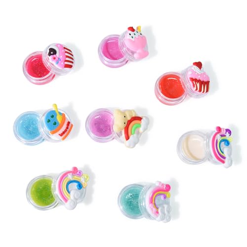 Mebtmel 8PCS Cute Lip Gloss for Girls, Party Favors Lip Balm Set for Kids, Assorted Fruity Flavors Cute Cupcake of Rainbow Designs Birthday Gift